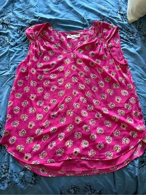 Loft Bright Pink Floral Sleeveless V-Neck Top